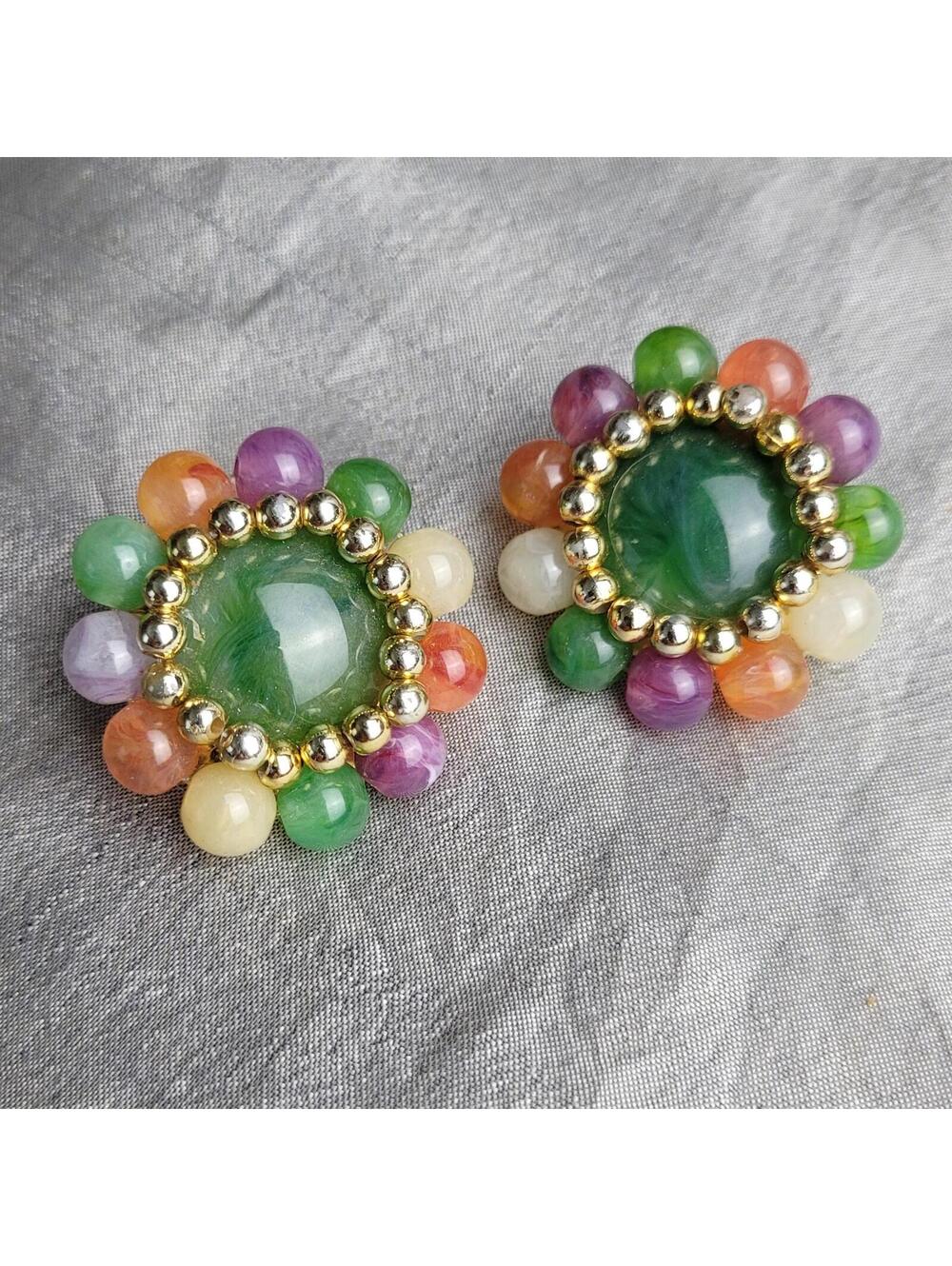 Vintage Multicolor Beaded Clip-On Earrings